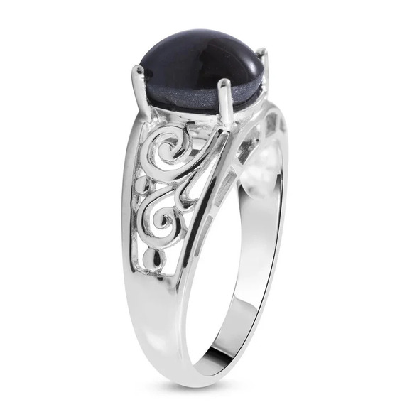 Black Cat's Eye Solitaire Ring In Platinum Over 925 Sterling Silver - Picture 3 of 5